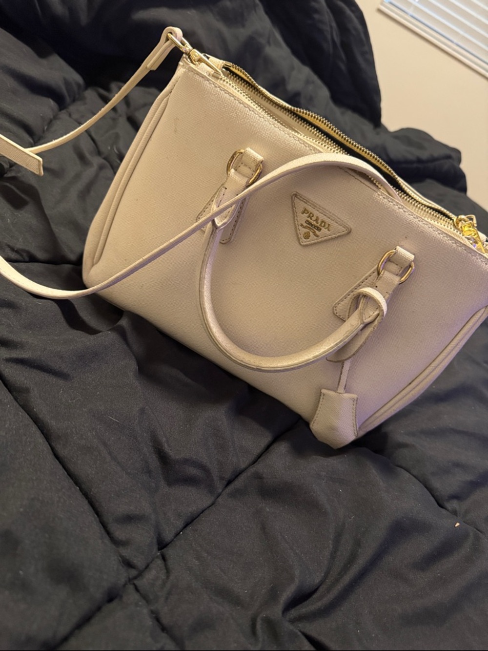 Prada Light Cream Saffiano Leather Double-Handle Satchel with Gold Hardware